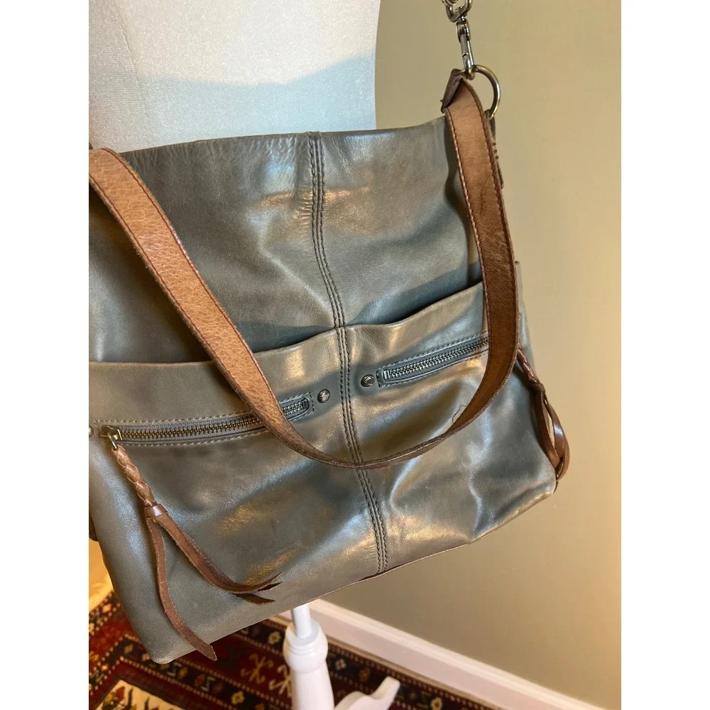 The Sak Slate Gray Leather Hobo Crossbody Bag with Chevron Guitar Strap